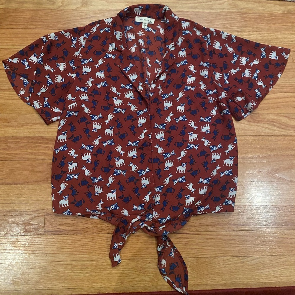 Dog print tie front blouse
